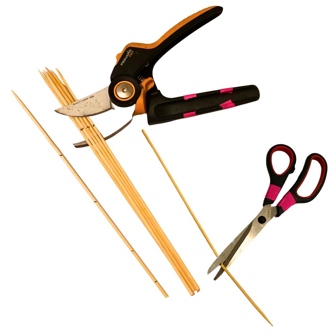 Cutting the sticks with shears and scissors